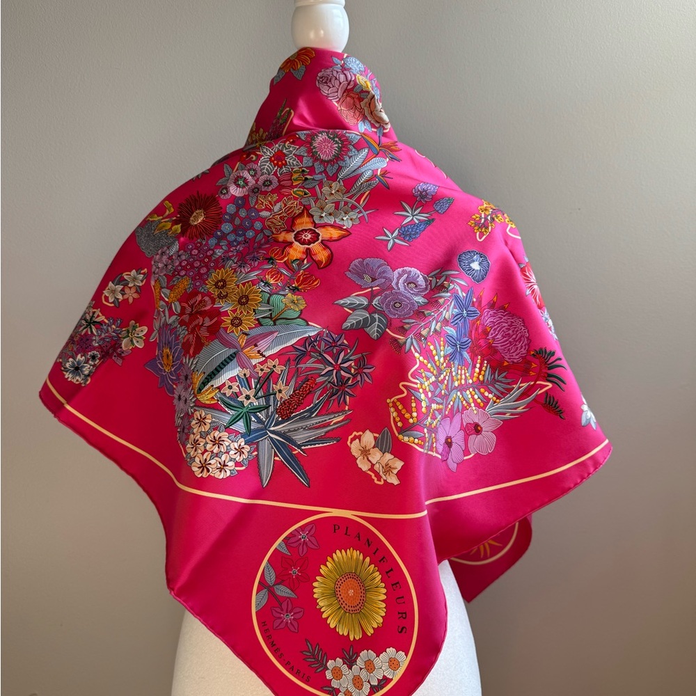 Hermes NWT Vibrant Pink Floral Silk Scarf